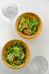 木製の食器に入った素揚げレンコンと水菜のサラダです。
