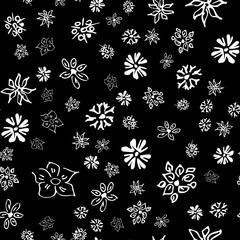 Chamomile vector seamless pattern in sketch style. Seamless floral design. Vector floral print. Abstract flower pattern. Modern design. Hand drawn illustration isolated on black background