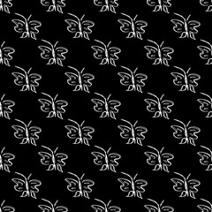 Butterfly seamless outline vector in line art style on black background. Line art butterfly. Cartoon animals. Simple design seamless pattern. Exotic wallpaper. Abstract pattern