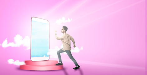 Asian man going to the beach