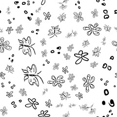 Butterfly seamless outline vector in line art style on white background. Line art butterfly. Cartoon animals, flowers and dots. Simple design seamless pattern. Exotic wallpaper. Abstract pattern