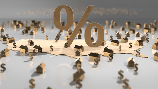 USA interest rates and population growth effect on house property prices and housing affordability - 3D illustration rendering