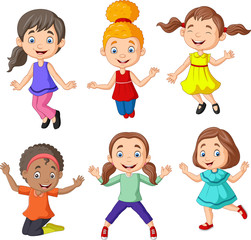 Cartoon happy little girls with different pose