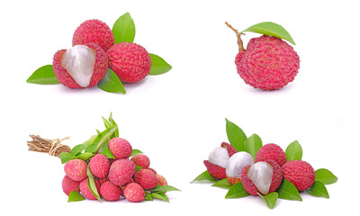 Set of Lychee isolated on white background. Whole Lychee fruits and peal off with green leaves collection.