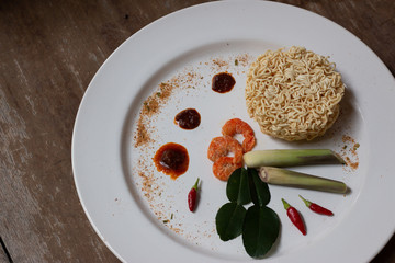 instant noodles with real ingredients. Instant noodles are in a precooked and dried noodle in bag or cup. The main ingredients are flour, starch, salt, sodium carbonate and potassium carbonate