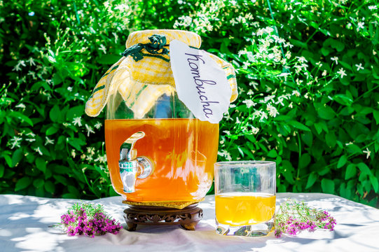 Refreshing kombucha tea with thyme in a glass old vintage bottle and a glass, with label written kombucha on it on backdrop of blurred flowers. Healthy natural probiotic flavored drink. Copy space