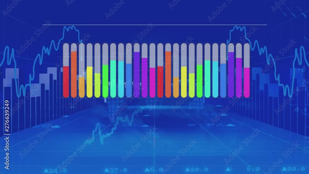 Poster colourful bar chart on blue background with moving charts and data