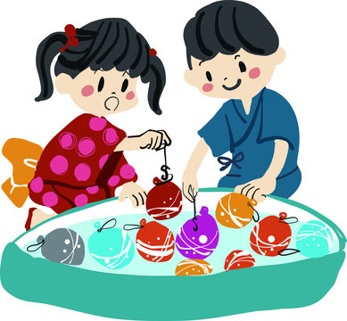 お祭りでヨーヨー釣りをする子供のイラスト Stock Vector Adobe Stock