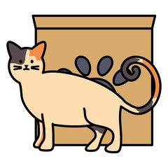 cute cat mascot with carton box and footprint