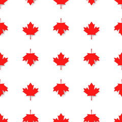 Canadian patriotic seamless pattern with national official colors. Red maple leaves in rows on white background. Canada republic simple wallpaper design vector illustration.