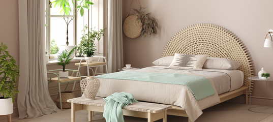 Scandinavian bedroom interior with bed in pastel beige and mint colors, 3d rendering