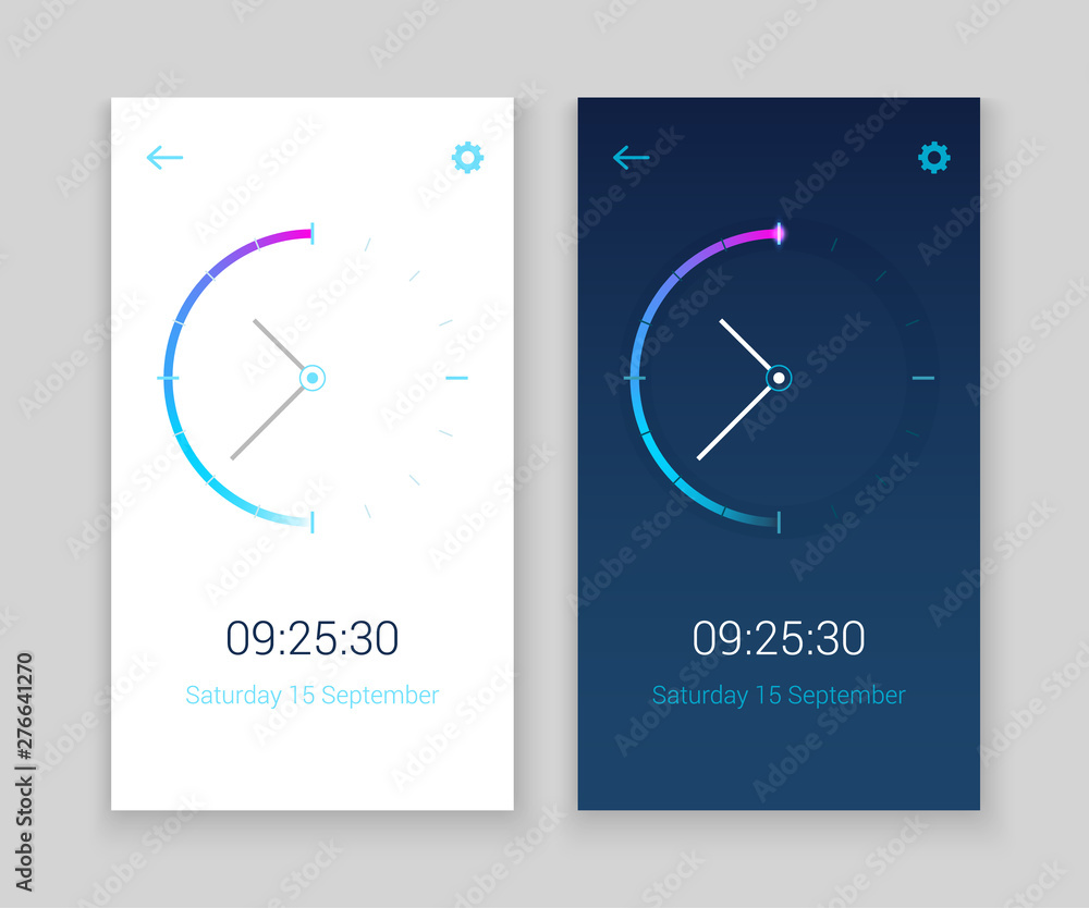 Poster clock mobile app concept ui design day and night. clock user interface time vector widget design mod