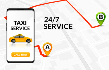 Taxi service app design. Mobile phone order taxi in city map location illustration © kolonko