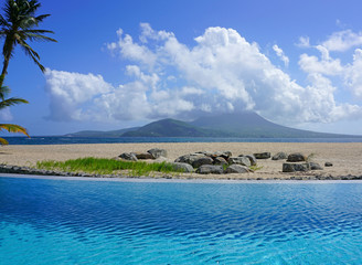View of the Nevis Peak volcano across the water from St Kitts
