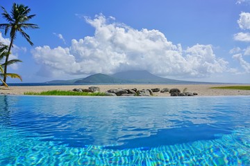 View of the Nevis Peak volcano across the water from St Kitts
