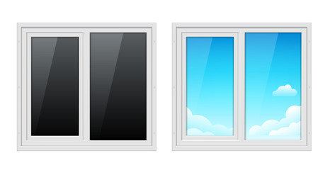 Plastic window frame in house. Vector glass plastic window closedm office inside illustration, blue sky outside