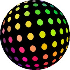 Yellow green pink dots mosaic on black ball 3d. Retro colors.