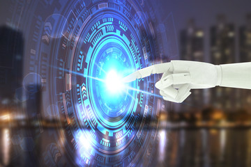 Robot hand touching virtual screen technology, Artificial Intelligence Technology Concept.