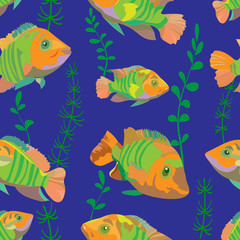  seamless pattern of bright orange fish and green algae on a dark blue background