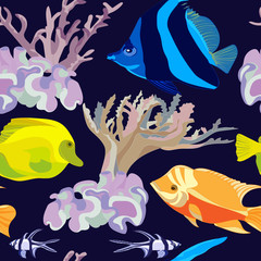 seamless pattern of bright tropical fish and lilac coral on dark blue background