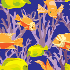 seamless pattern of bright yellow , and orange tropical fish and delicate lilac coral blue background