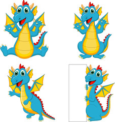 Set of cartoon dragons with blank sign