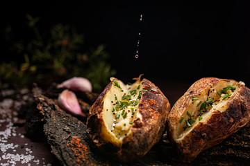 Rustic baked potatoes close up