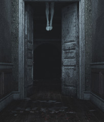 Devil's legs,3d illustration of dead body's legs hang from the ceiling behind the doors - 276642881
