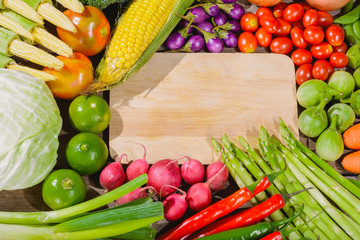 Backgroud of fresh food tasty and healthy varis vegetables are on the wooden table