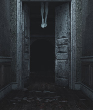 Devil's legs,3d illustration of dead body's legs hang from the ceiling behind the doors