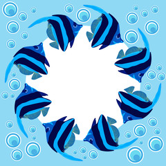 text frame made of bright blue exotic fish and air bubbles on a blue background
