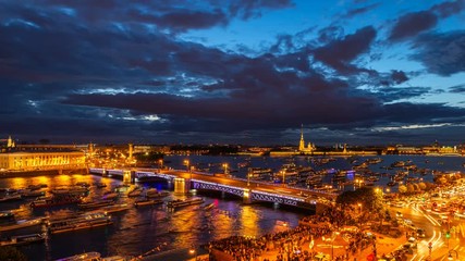 St. Petersburg, opening Palace bridge. Time-lapse photography view from the roof to Neva water area, Peter and Paul Fortress, Palace bridge and the Spit of Vasilyevsky Island