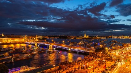 St. Petersburg, opening Palace bridge. Time-lapse photography view from the roof to Neva water area, Peter and Paul Fortress, Palace bridge and the Spit of Vasilyevsky Island