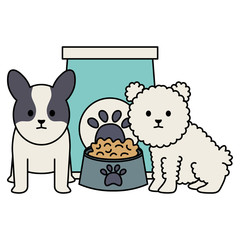 little dogs adorables with food bag and dish