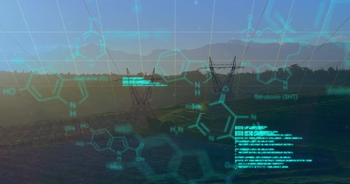 Chemical structures with program codes and a background of transmission towers