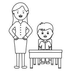 cute little student boy with female teacher in schooldesk