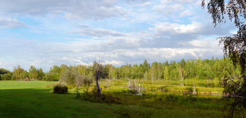 A haystack behind the fence stands on the edge of the field in the shade near the lake and the swamp against the wild Northern taiga of Yakutia.