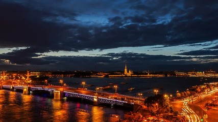 St. Petersburg, opening Palace bridge. Time-lapse photography view from the roof to Neva water area, Peter and Paul Fortress, Palace bridge and the Spit of Vasilyevsky Island