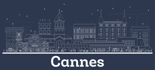 Outline Cannes France City Skyline with White Buildings.
