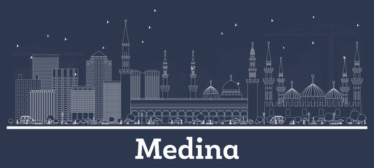 Outline Medina Saudi Arabia City Skyline with White Buildings.