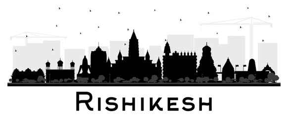 Rishikesh India City Skyline Silhouette with Black Buildings Isolated on White.