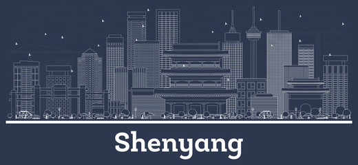 Outline Shenyang China City Skyline with White Buildings.