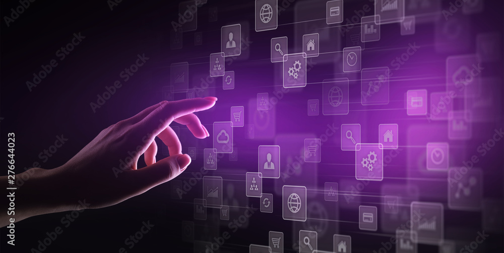 Sticker applications icons on virtual screen, technology, development background concept.