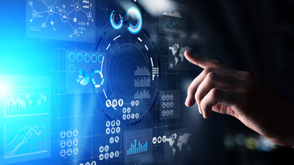 Business intelligence Marketing strategy Trading investment application on virtual screen. Technology concept.