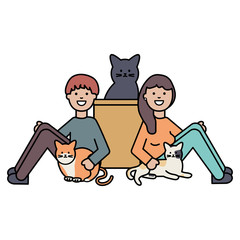 young couple with cute cats mascots