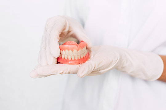 Dental prosthesis in the hands of the doctor close-up. Dentist holding ceramic dental bridge. Front view of complete denture. Dentistry conceptual photo. Prosthetic dentistry. False teeth