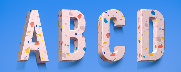 Trendy terrazzo stone texture. Font alphabet letter a, b, c, d shape with cute color details. Lettering 3d illustration for your unique typography element in several concept idea with brilliant design