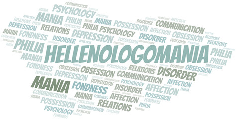 Hellenologomania word cloud. Type of mania, made with text only.