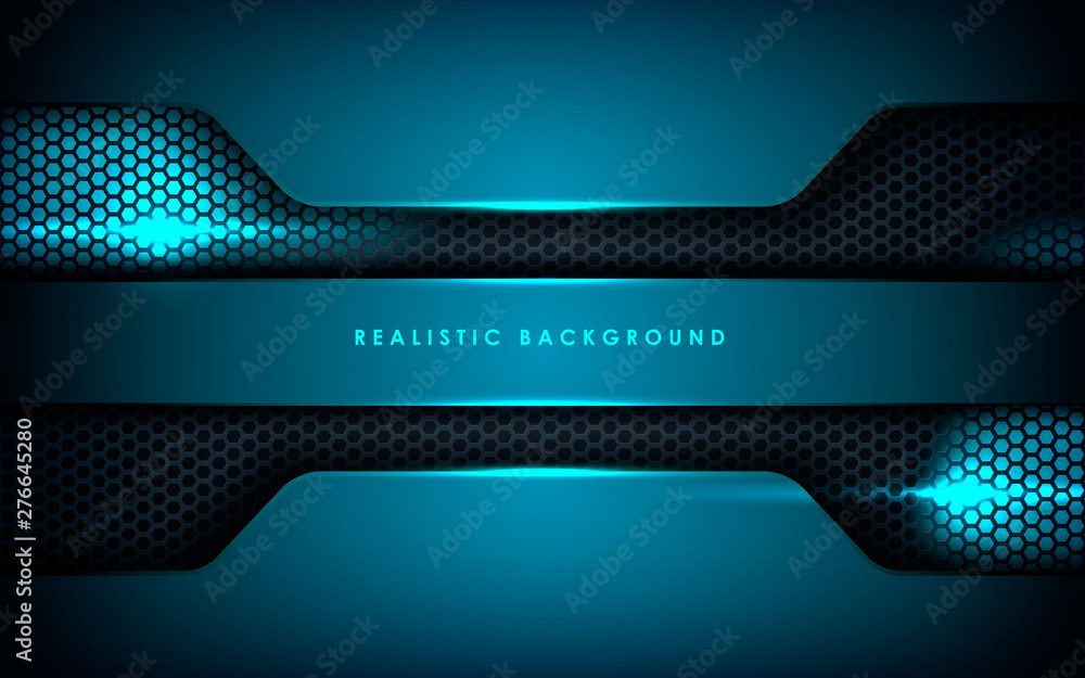 Poster blue abstract dimension on black hexagon background. realistic overlap layers texture with blue ligh