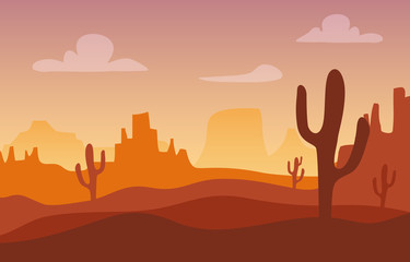Obraz premium Desert sunset silhouette landscape. Arizona or Mexico western cartoon background with wild cactus, canyon mountain